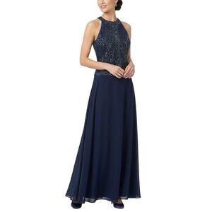 JKara Beaded Chiffon Sleeveless A-Line Evening Gown Blue Size 10 Formal Dress